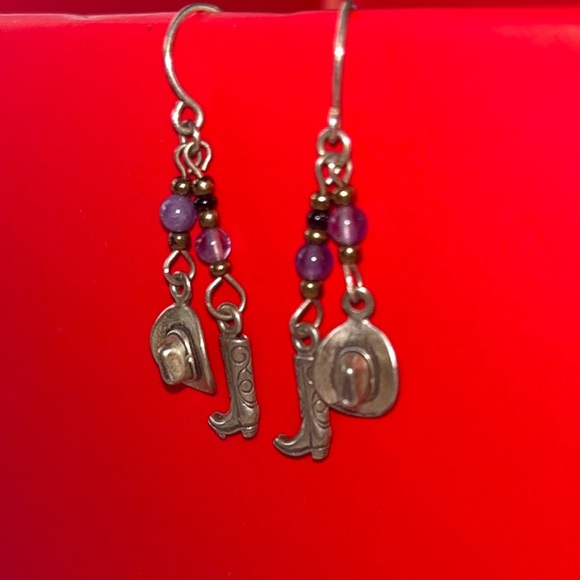 Western Charm Silver and Purple Beaded Dangle Earrings, #western #cowgirl - Picture 2 of 5